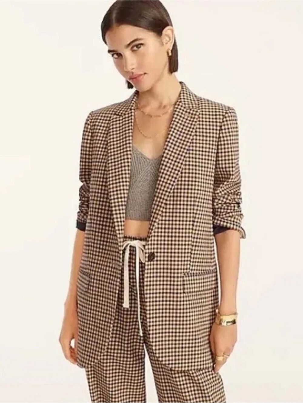 J. Crew Italian Stretch Wool Gingham Single-Button Alfie Blazer Tan Navy 6P